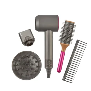 This Dyson Supersonic hair dryer styling set includes a concentrator, diffuser, brush, and detangling comb for creating a variety of hairstyles.