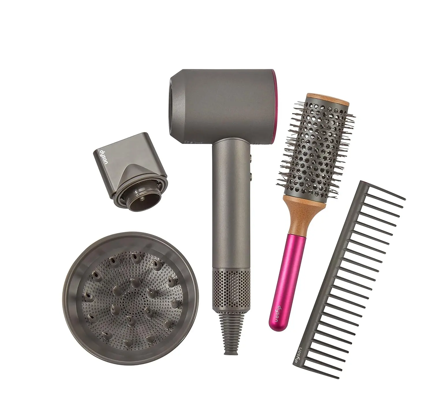 This Dyson Supersonic hair dryer styling set includes a concentrator, diffuser, brush, and detangling comb for creating a variety of hairstyles.