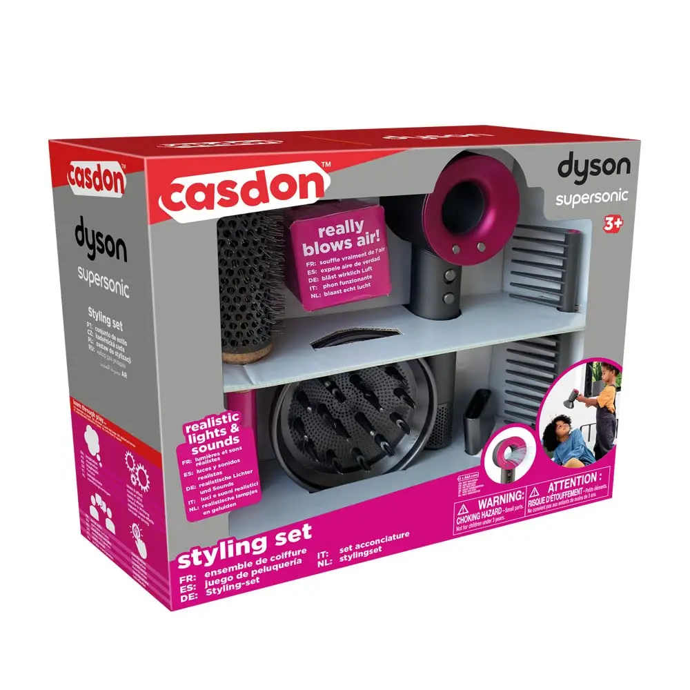 This Dyson Supersonic hair dryer styling set includes a concentrator, diffuser, brush, and detangling comb for creating a variety of hairstyles.