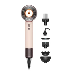 The Dyson Supersonic Nural hair dryer in ceramic pink and rose gold intelligently controls heat and features multiple attachments for all hair types, protecting the scalp and enhancing shine.
