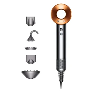 Dyson Supersonic hair dryer in nickel and copper with styling attachments for fast drying and reduced heat damage.