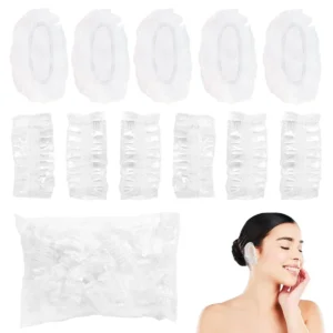A pack of 100 clear, disposable plastic ear covers designed to protect ears from water during showers, hair coloring, and salon treatments, featuring a comfortable and elastic fit for both men and women.