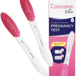 Two early detection pregnancy tests by Conceive Plus that can detect pregnancy up to 6 days sooner with high sensitivity to low HCG levels.