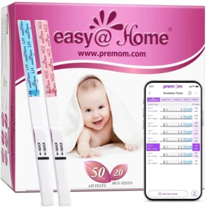 Easy@Home ovulation and pregnancy test kit with 50 LH ovulation test strips and 20 HCG pregnancy test strips for women trying to conceive and predict their fertile days with reliable results in minutes.