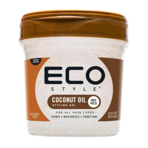 Eco Style Coconut Oil Styling Gel promotes hair length, provides a long-lasting hold with no flakes or itch, and adds luster and softness while preventing breakage.