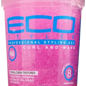 A large bottle of Eco Style Curl and Wave Gel promises strong hold, flake-free definition, and control for edges, strays, and fly-aways for creating long-lasting, high-definition hairstyles.