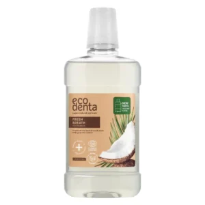 Ecodenta natural mouthwash with mint and coconut provides alcohol-free, refreshing oral care for healthy gums and fresh breath.