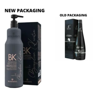 A bottle of Ecosmetics Brazilian Keratin hair treatment for straight, smooth hair.