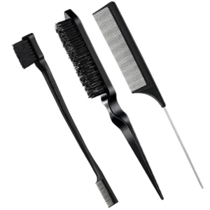 This Geiserailie 3-piece black hair tool set includes a double-sided edge brush, bristle brush, and pin tail comb for styling edges, bangs, eyebrows, and eyelashes, and is perfect for women to create sleek, polished hairstyles.