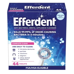Efferdent denture cleanser tablets effectively clean, whiten, and freshen retainers, dentures, and dental appliances, killing odor-causing bacteria and removing stains with oxi-action.