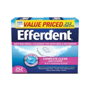 A pack of 252 Efferdent Complete Clean denture cleanser tablets helps to clean, whiten, and freshen dentures, retainers, and dental appliances while killing odor-causing bacteria.