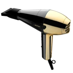 Black and gold Elchim 2001 professional hair dryer with two speeds and five temperature settings, known for its high-pressure air compression technology and long-lasting motor.