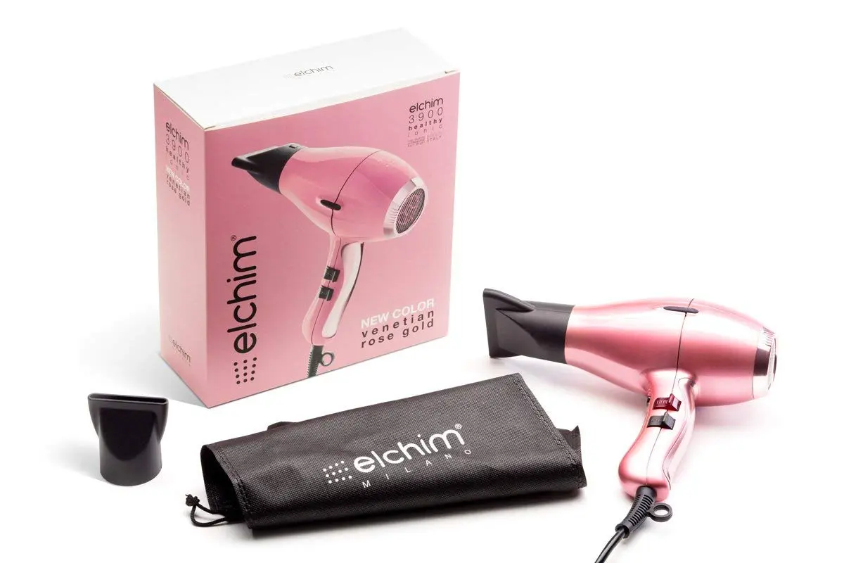 The Elchim 3900 Venetian Rose Gold hair dryer is a compact, lightweight, and powerful tool with ionic ceramic technology for fast, frizz-free styling.
