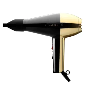 The Elchim Classic 2001 professional salon blow dryer in gold and black offers a quick and luxurious hair drying experience, crafted in Italy.