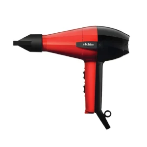 Red and black Elchim hair dryer, expertly handmade in Milan, Italy, designed for powerful, efficient drying and styling with improved airflow.