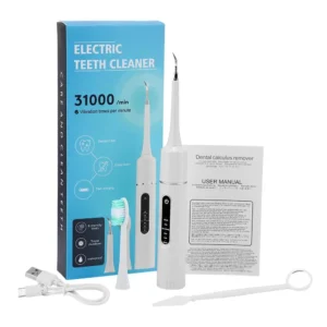 A white electric dental cleaning instrument with six gears, suitable for general use at home and powered by USB charging.