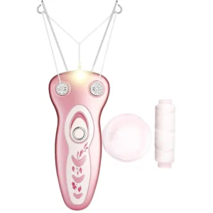 Pink electric facial hair threader epilator for women, gently and automatically removing fine hairs from the face, chin, upper lip, and arms with included thread and prep powder.