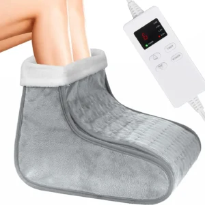 Ultra plush flannel electric foot warmer with adjustable temperature and timer settings provides soothing heat and comfort for cold feet.