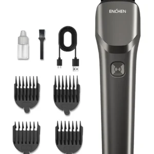 ENCHEN electric hair trimmer in gray, designed for both men and women, featuring a cordless shaver and IPX7 waterproof rating, perfect for travel.