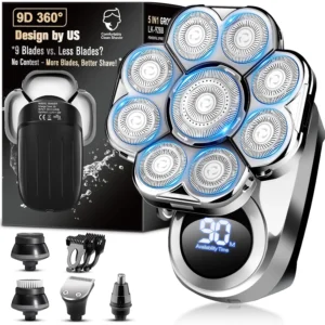 This is a 6-in-1 electric head shaver grooming kit for men with 9D floating head, waterproof design, and LED display, ideal for bald head shaving, beard trimming, and facial cleaning.