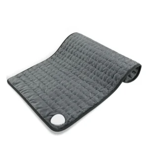 Dark grey 33x17 inch electric heating pad with six heat levels for back and muscle pain relief, featuring an auto shut-off function and machine washable fabric.