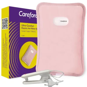 Pink Careforce electric hot water bag providing soothing warmth and comfort for pain relief and relaxation of muscles and cramps.