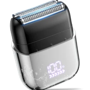 This electric foil shaver for men features a compact, cordless design, IPX7 waterproof rating for wet or dry use, a Type-C rechargeable battery with an LED display, and a travel lock.