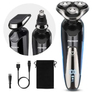 This black 3 in 1 electric razor for men includes beard, nose, and hair trimmer attachments, features an LED display, and offers convenient USB charging for wet and dry shaving.