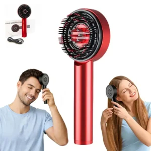 Red electric scalp massager brush with oil applicator and red light therapy for hair growth, shown with precision roller balls for deep scalp nourishment.