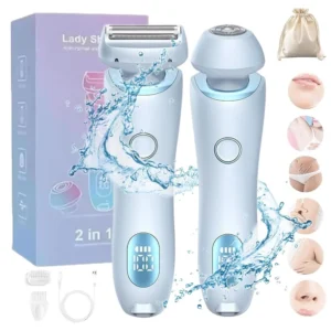Blue 2 in 1 electric shaver for women with 3D floating foil, designed for legs, arms, underarms, bikini area, and face, offering a gentle, painless, and waterproof hair removal experience.