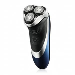 Cordless electric shaver with 3D floating heads and pop-up trimmer provides a close, comfortable wet or dry shave.