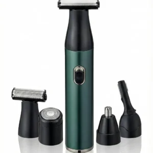 This emerald green 4-in-1 electric shaver for women includes attachments for painless hair removal on the face, body, nose and eyebrows, and is USB-C rechargeable and waterproof.