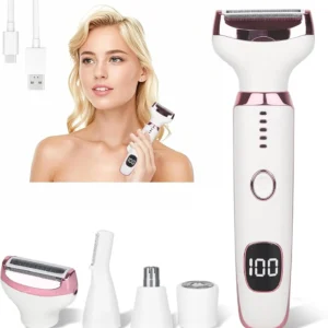 This electric shaver for women features four interchangeable heads for hair removal on the face, body, and bikini area, providing a smooth and comfortable experience for sensitive skin.
