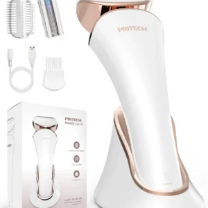 This electric shaver for women features three blades, USB charging, and wet/dry use for comfortable hair removal on legs, arms, and underarms.