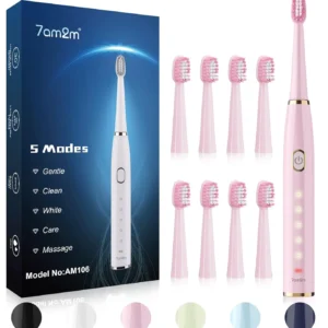 Pink sonic electric toothbrush for adults and kids with five adjustable cleaning modes, eight replacement brush heads, a two-minute timer, and a fast charging base.