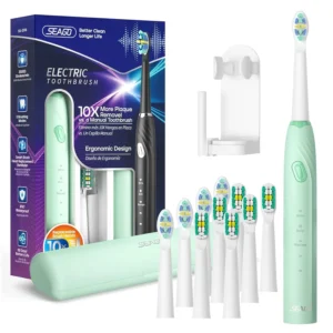 Green SEAGO electric toothbrush with ten replacement brush heads, travel case, and smart timer for adults ensures deep cleaning and plaque removal.