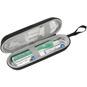 Black electric toothbrush travel case with a mesh pocket inside, designed to hold Oral-B and Philips Sonicare toothbrushes and accessories securely.