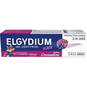 Elgydium Kids Grenadine flavored toothpaste for 3 to 6 year olds, with Fluorinol to protect and strengthen their milk teeth against cavities.