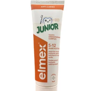 Three tubes of Elmex Junior toothpaste for children aged 6 to 12, designed to strengthen and protect new permanent teeth with amine fluoride.