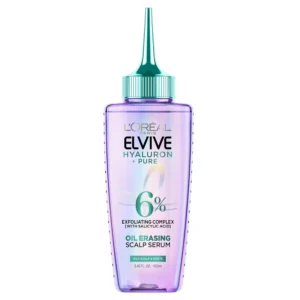 L'Oreal Paris Elvive Hyaluron + Pure Oil Erasing Scalp Serum exfoliates and removes residue, leaving oily hair refreshed and hydrated for up to 72 hours.