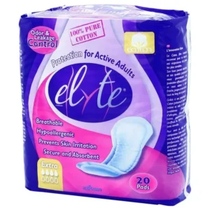 Case of 120 extra absorbent Elyte cotton incontinence pads with a soft, hypoallergenic, chlorine-free lining for sensitive skin and maximum comfort.