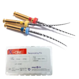 A close-up shows SNAWOP X-One Gold reciprocating rotary Niti files for efficient and controlled endodontic root canal treatment, offering flexibility and strength for shaping even severely curved canals.