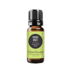 Edens Garden Energy Boost essential oil blend, with lemon, black pepper, and sandalwood, provides a citrusy and peppery aroma to promote mental clarity and revitalize the body.