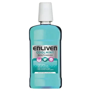 A bottle of Enliven Coolmint alcohol-free mouthwash that freshens breath, fights plaque, and helps prevent cavities for healthy gums and teeth.