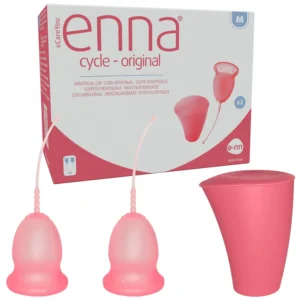Enna Cycle Size M menstrual cup set includes two medical-grade silicone cups and a steriliser and transporter box for convenient cleaning and storage.