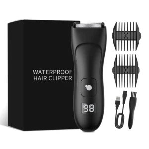 This is an ENSSU hair trimmer kit for men and women, including the trimmer, guide combs, charging cable, and cleaning brush, perfect for beard, body, and face grooming with its safe ceramic blade and waterproof design.