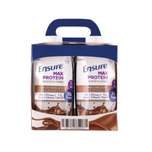 Four bottles of Ensure Max Protein Milk Chocolate Nutritional Shake, providing 30g of protein, 25 vitamins and minerals, and only 150 calories per serving; suitable for lactose intolerance and gluten-free diets.