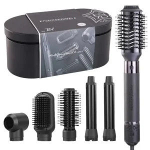 The ENZO 6-in-1 hair styler is a multifunctional hot air brush with attachments for straightening, curling, and volumizing all hair types, featuring a luxurious rose gold finish.