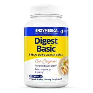Enzymedica Digest Basic, an essential enzyme formula in capsule form, supports digestive health by breaking down fats, proteins, carbs, and fiber to reduce gas and bloating.