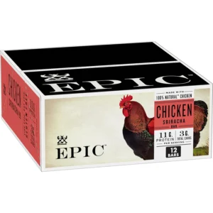Twelve EPIC Chicken Sriracha protein bars are a savory, on-the-go snack made with 100% natural chicken and sriracha spices, offering 11 grams of protein per serving and are Keto and Paleo-friendly.